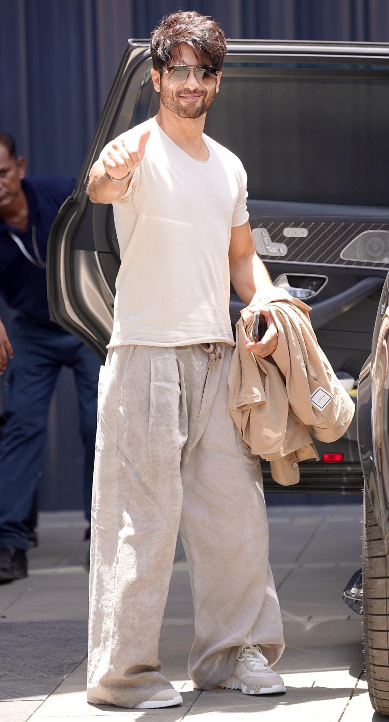Shahid Kapoor was spotted at the airport in a casual white t-shirt.